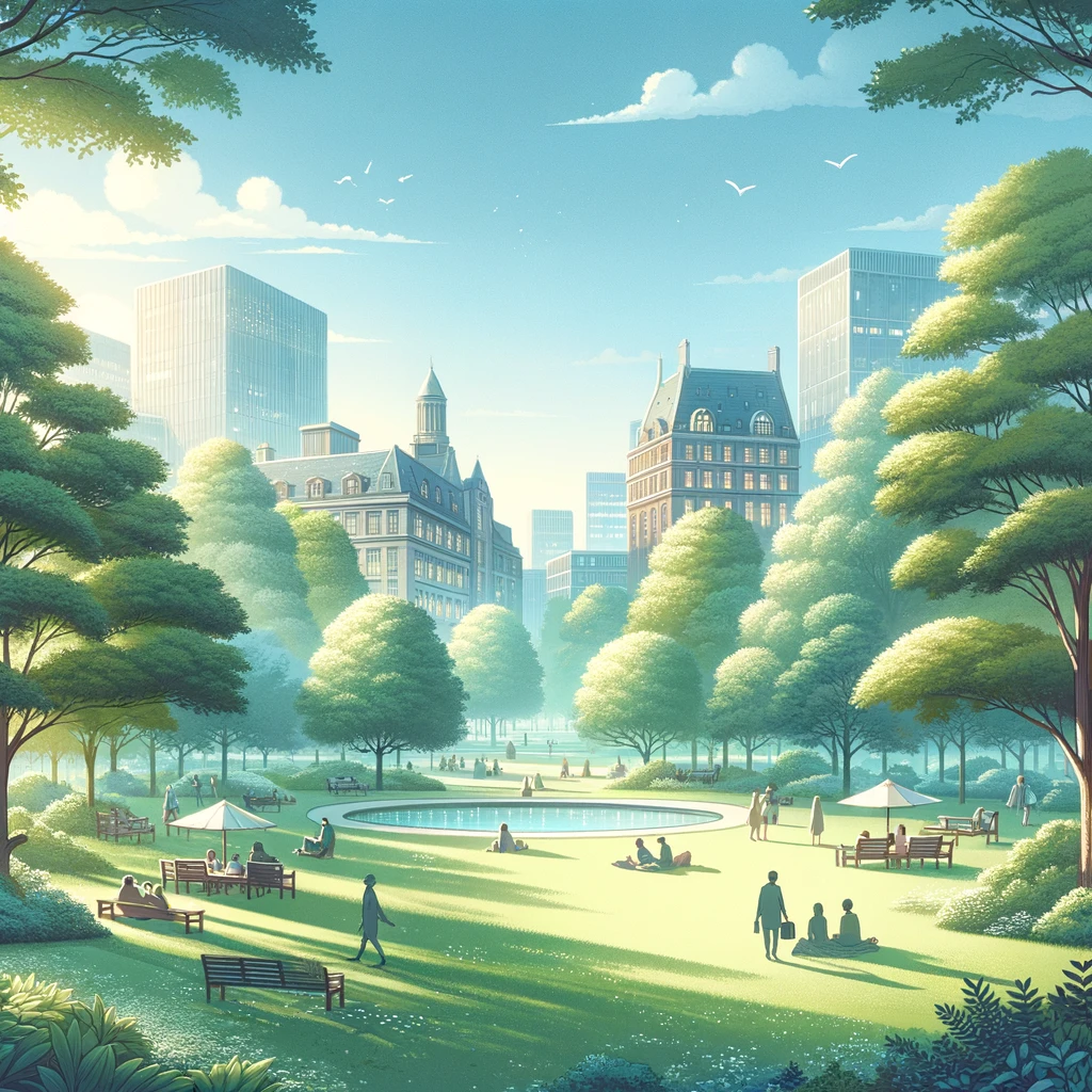 Hay Fever Treatment London - Dr Ann Baldwin - An image of a calm and serene city park scene that matches a healthcare website's branding. The scene should have soft natural colors like gent